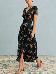 The Black V Neck Floral Short Sleeve Maxi Dress