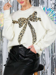 Women's Leopard Sequin Bow Sweater