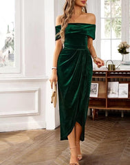 Women's Off-Shoulder High-Waisted Slit Velvet Dress