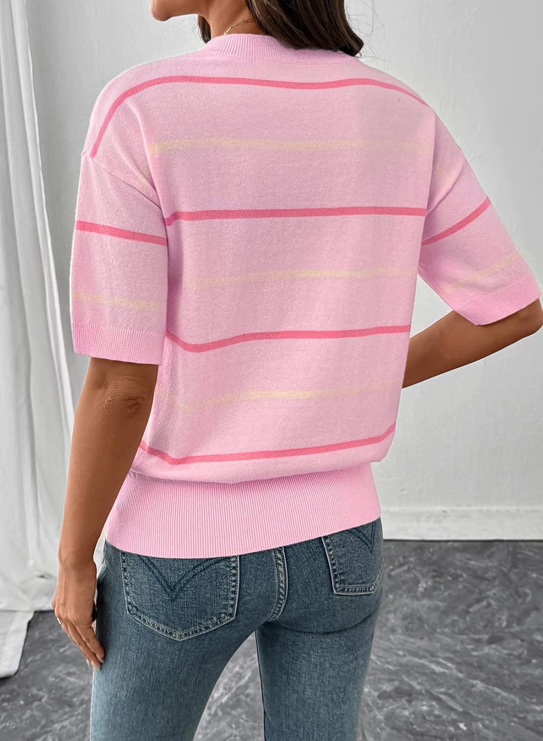 Women's Crewneck Short Sleeve Knit Striped Tops