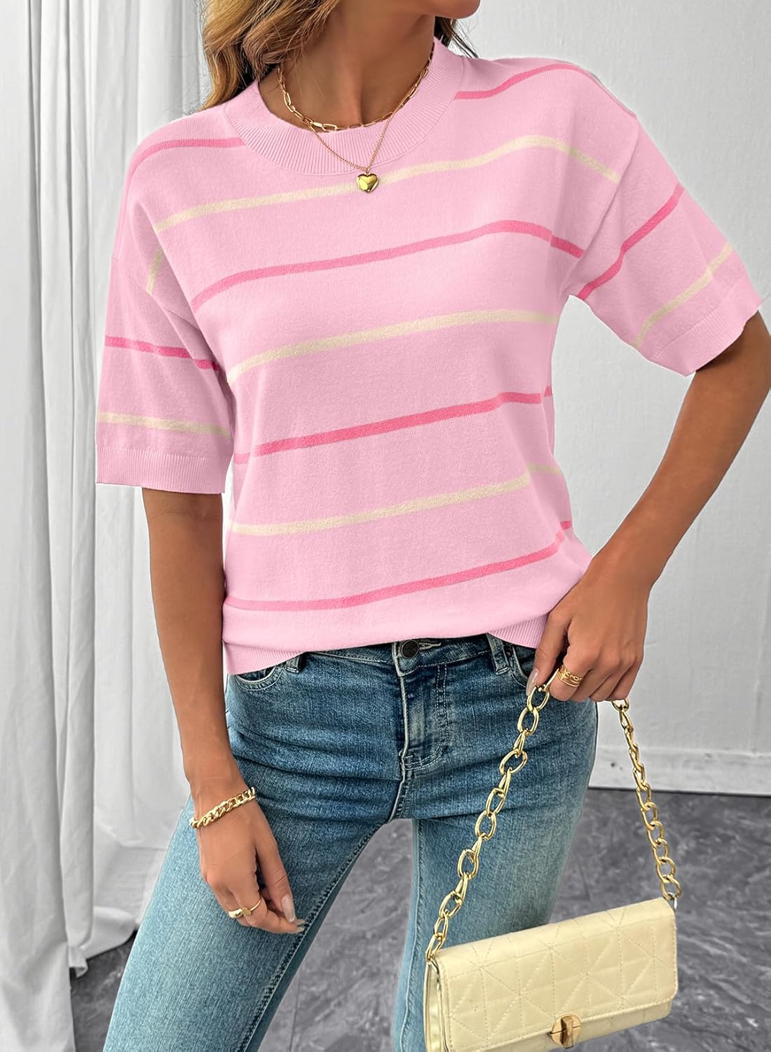Women's Crewneck Short Sleeve Knit Striped Tops