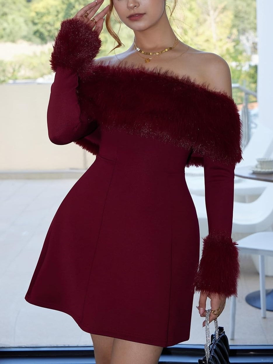Women's Off Shoulder Fur Trim A Line Mini Dress