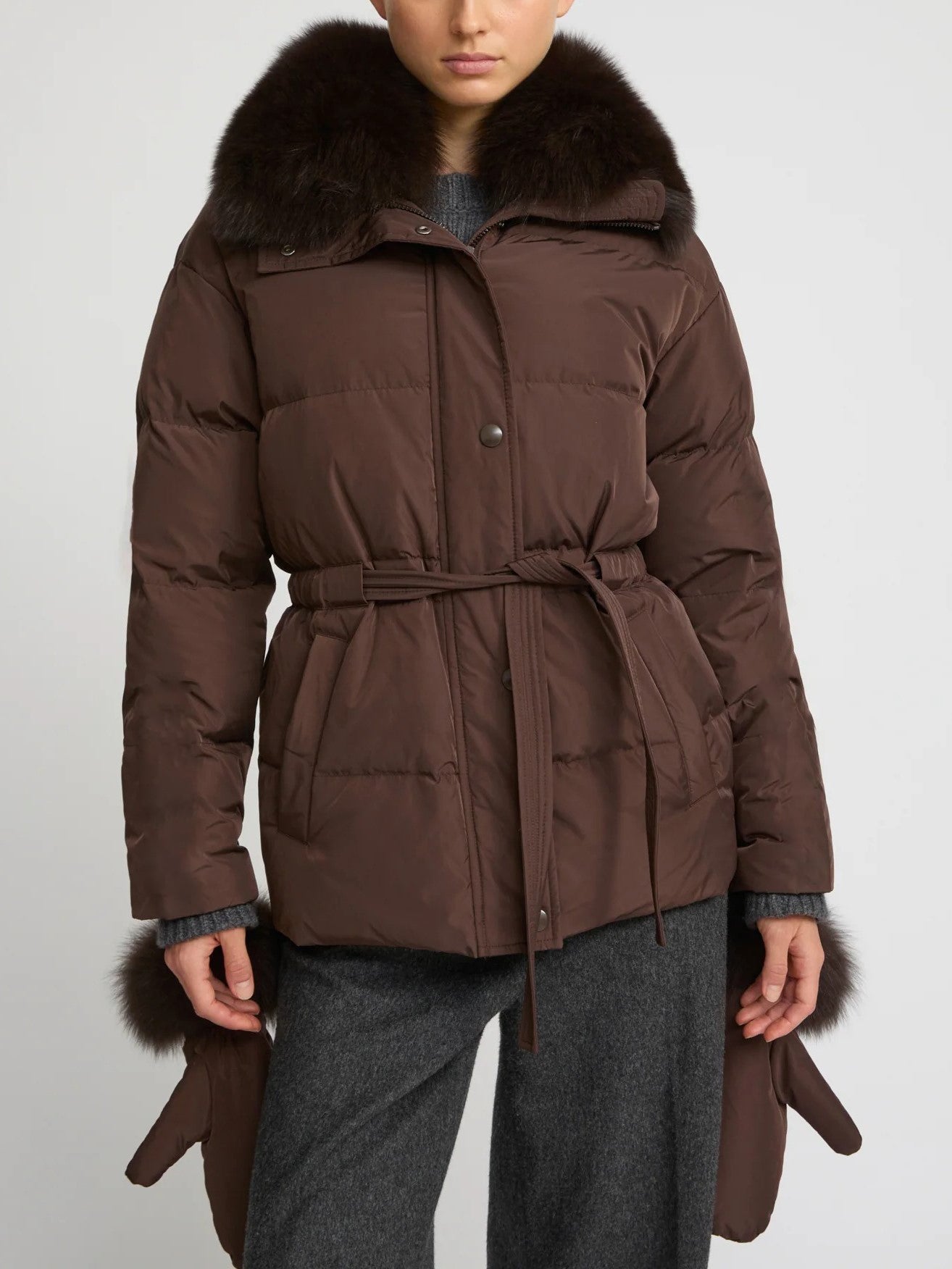 Women's Belted Jacket With Detachable Fox Fur Collar