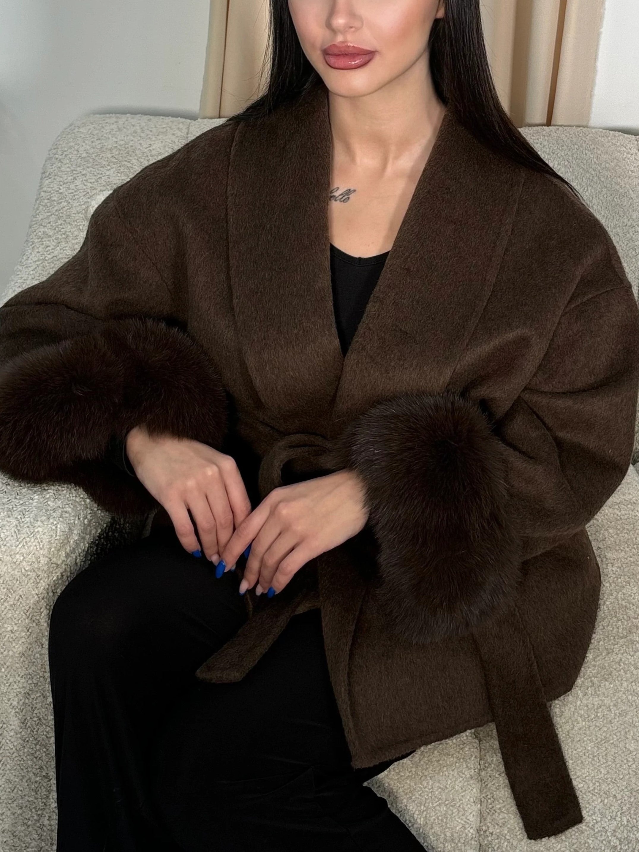Women's Elegant Wrap Fur Trim Coat