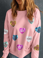 Valentine's Day Sequin Heart Round Neck Long Sleeve Sweatshirt