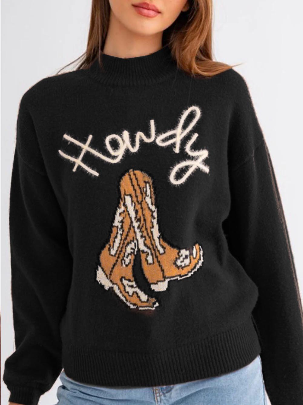 Western Howdy Boot Graphic High Neck Sweater