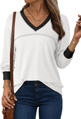 Women's Loose V-Neck Long Sleeve Colorblock T-shirt