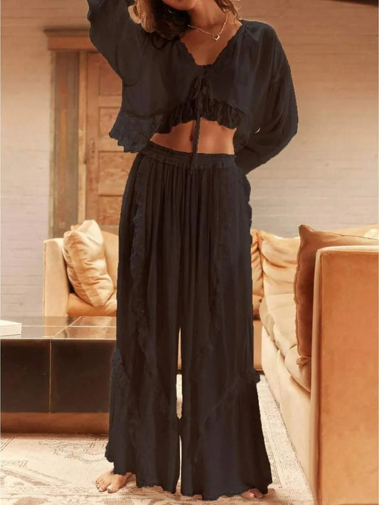 Women's Long-Sleeve Lace Pajama Set