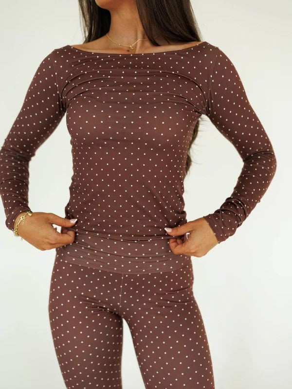 Women Fitted Polka Dot Long-Sleeve Top & Flared Pants Set