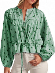 Women's Balloon Sleeve Tie-Waist Striped Top