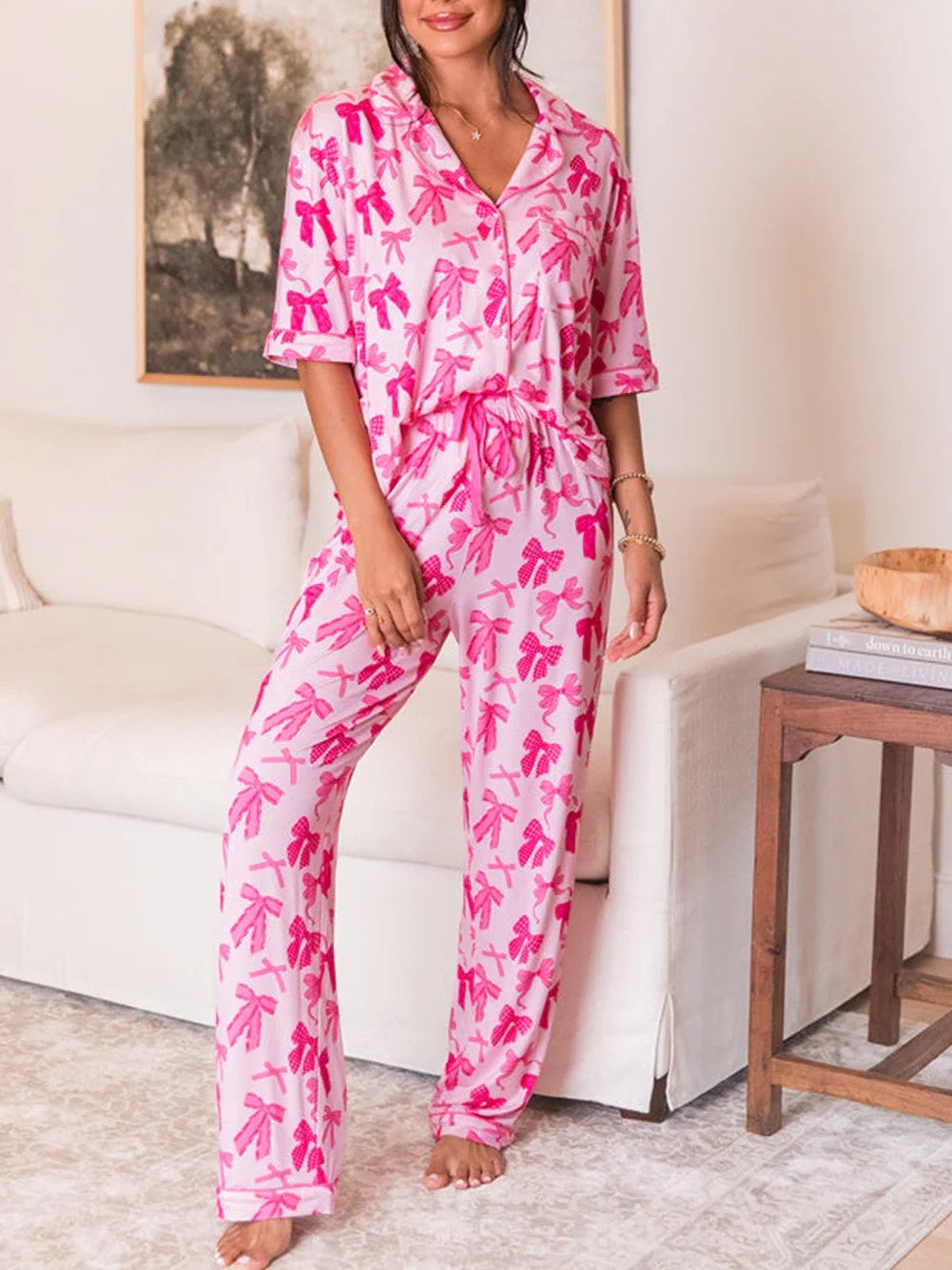 Women's Bow Knot Print Lapel Collar Short Sleeve and Pants Pajamas Set