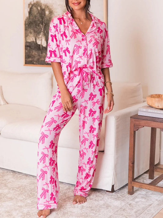 Women's Bow Knot Print Lapel Collar Short Sleeve and Pants Pajamas Set