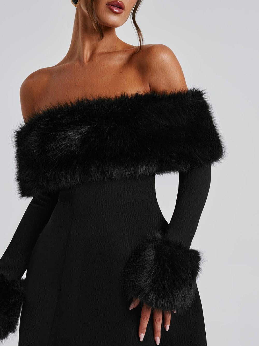 Women's Off Shoulder Fur Trim A Line Mini Dress