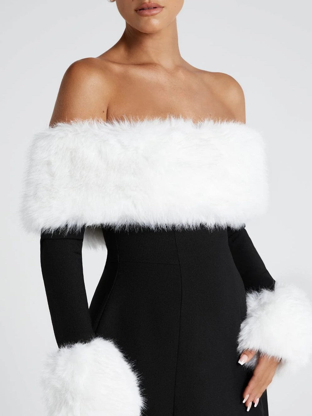Women's Off Shoulder Fur Trim A Line Mini Dress