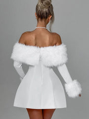 Women's Off Shoulder Fur Trim A Line Mini Dress