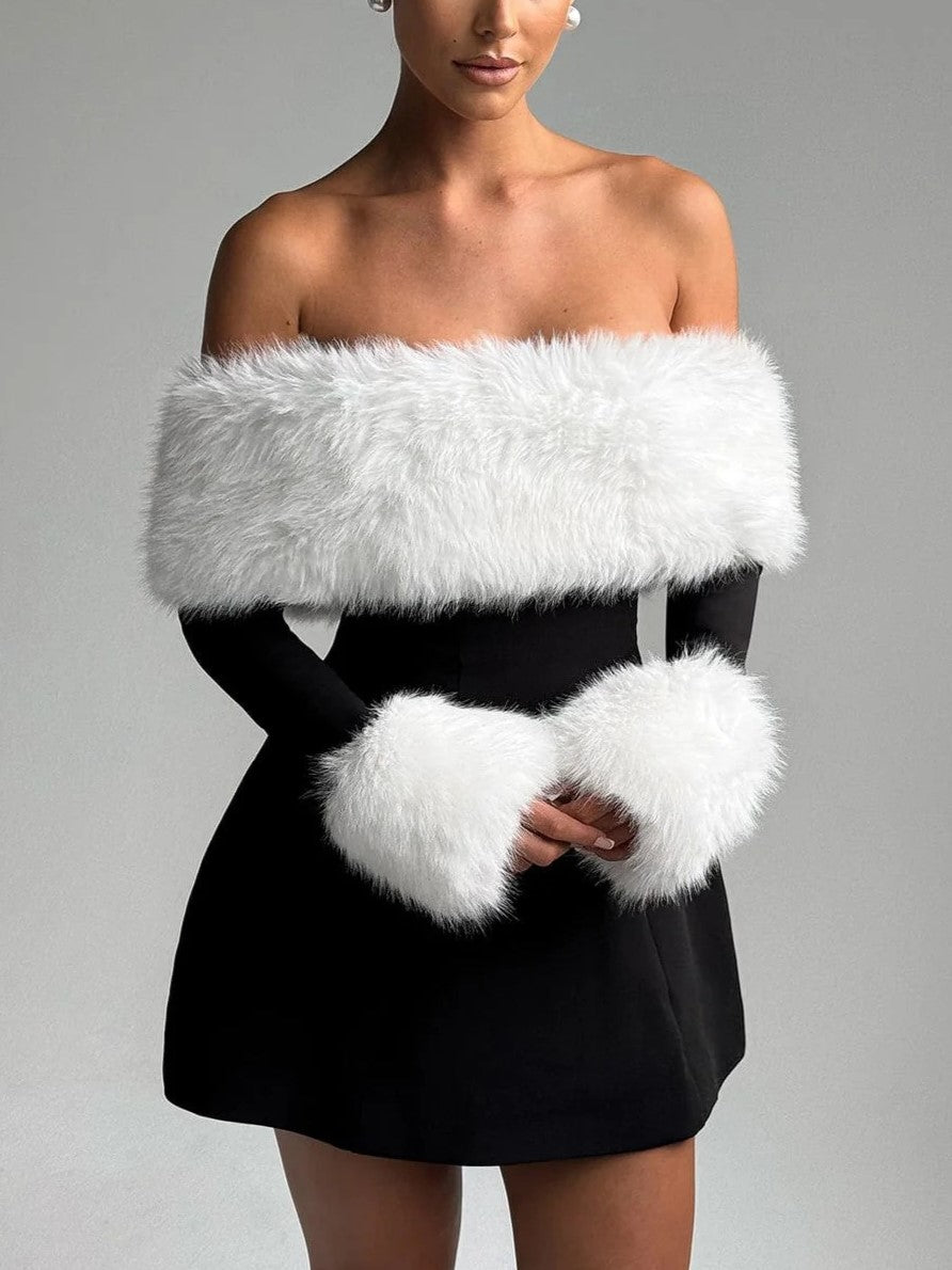Women's Off Shoulder Fur Trim A Line Mini Dress