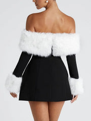 Women's Off Shoulder Fur Trim A Line Mini Dress