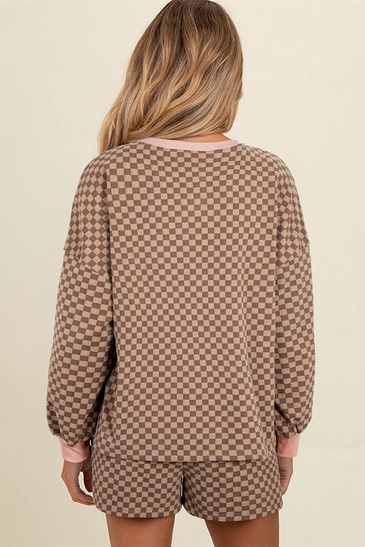 Women's Checkerboard Long Sleeve Pullover and Shorts Set