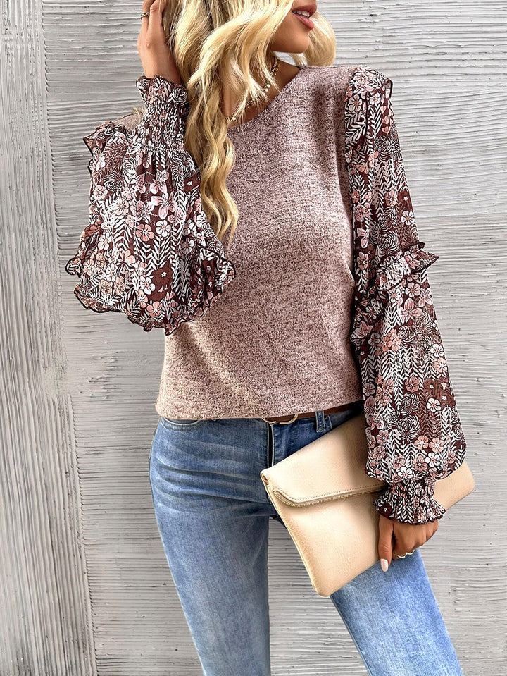 Women's Floral Sleeve Patchwork Knit Top