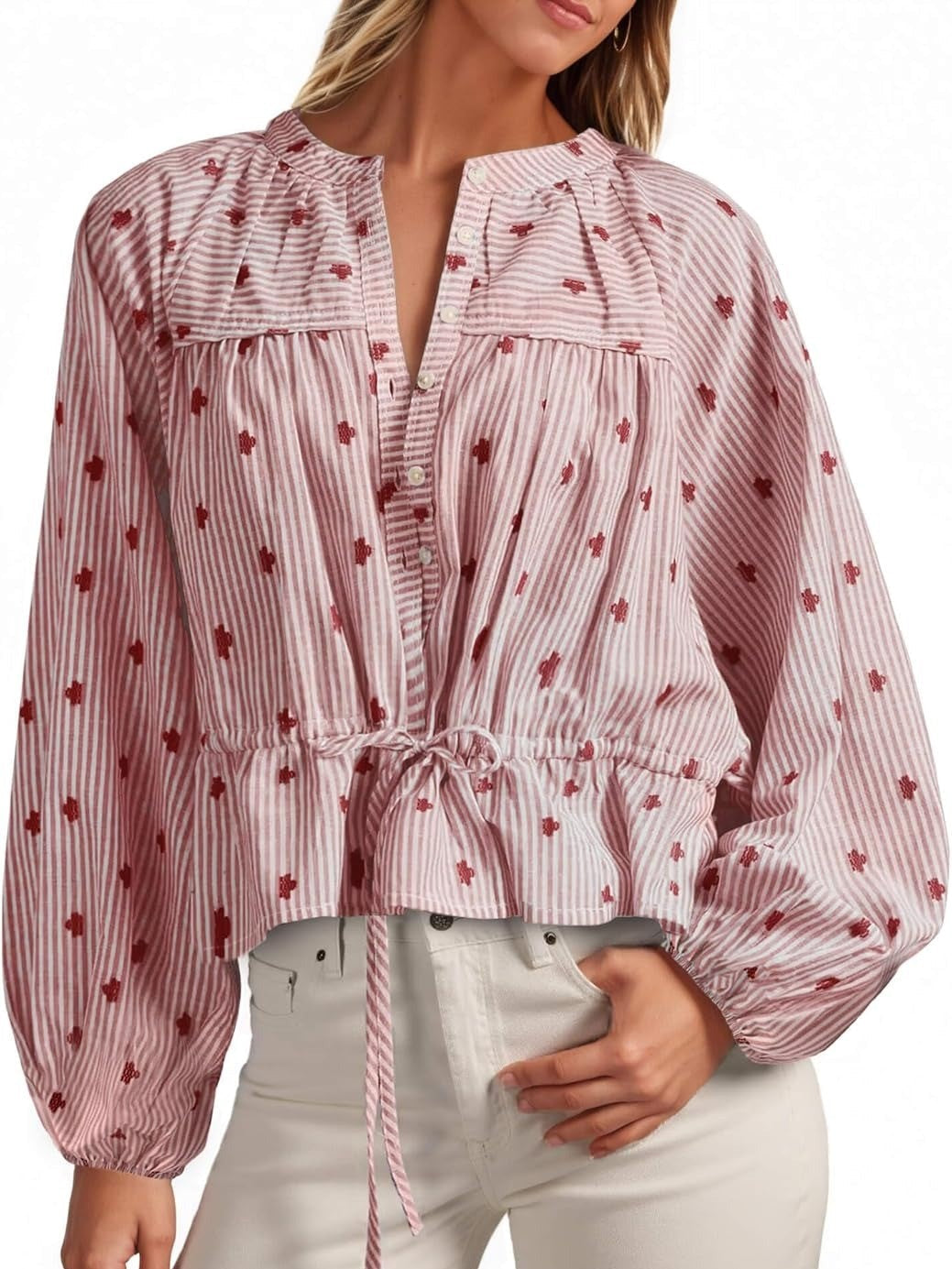 Women's Balloon Long Sleeve Tie-Waist Striped Top