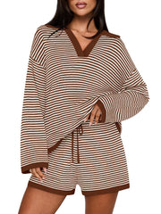 Women's Spring Striped Color-Block Lapel Two-Piece Set