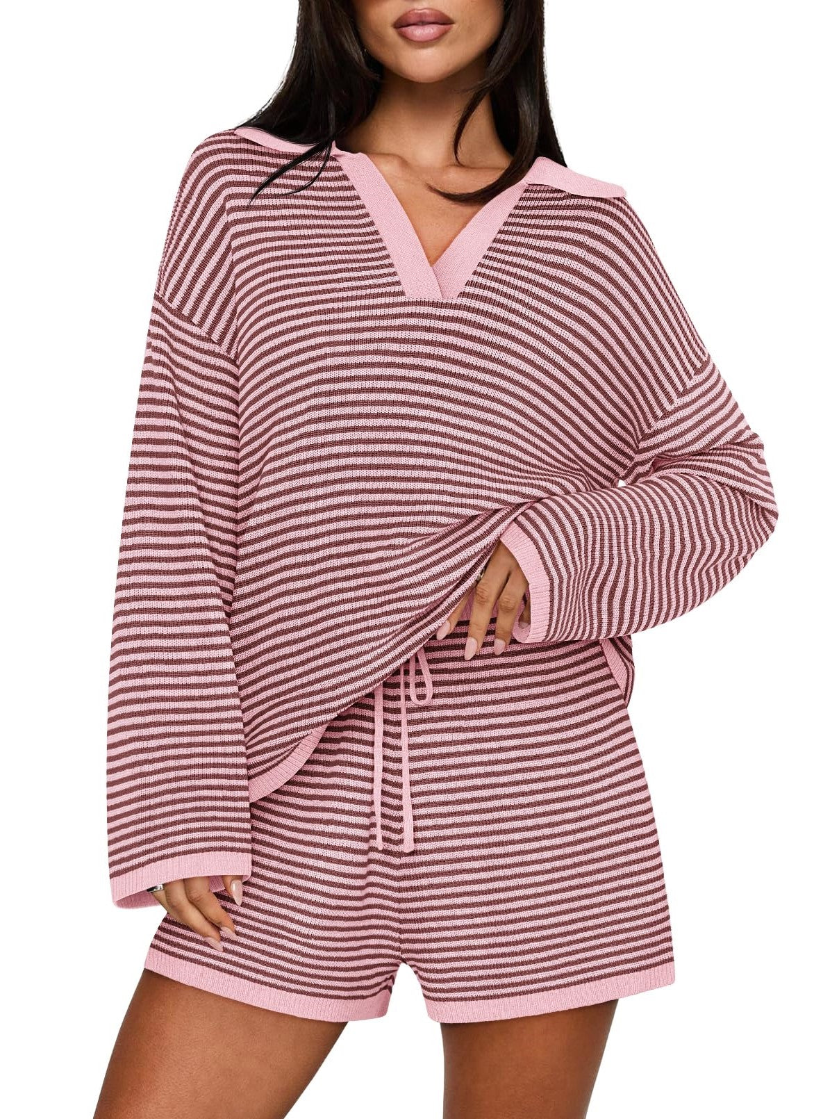 Women's Spring Striped Color-Block Lapel Two-Piece Set