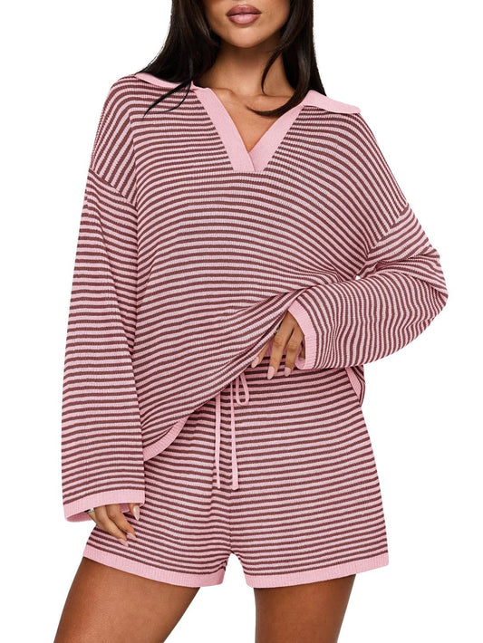 Women's Spring Striped Color-Block Lapel Two-Piece Set