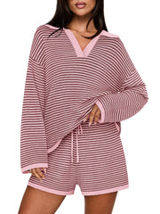 Women's Spring Striped Color-Block Lapel Two-Piece Set
