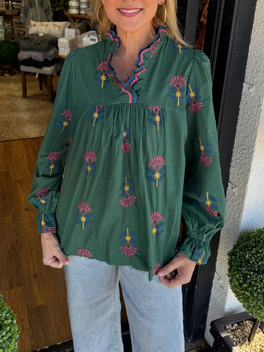 Women's Boho Long Sleeve Ruffle-Neck Blouse