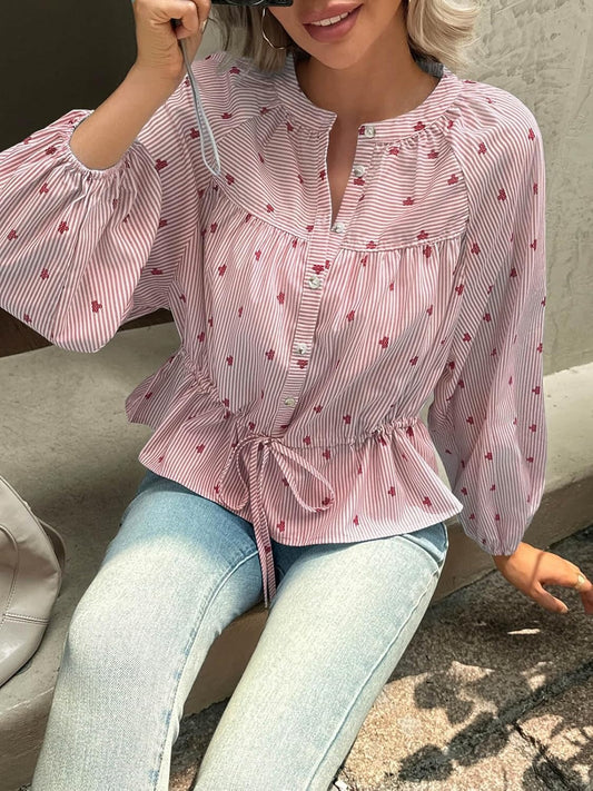 Women's Balloon Long Sleeve Tie-Waist Striped Top