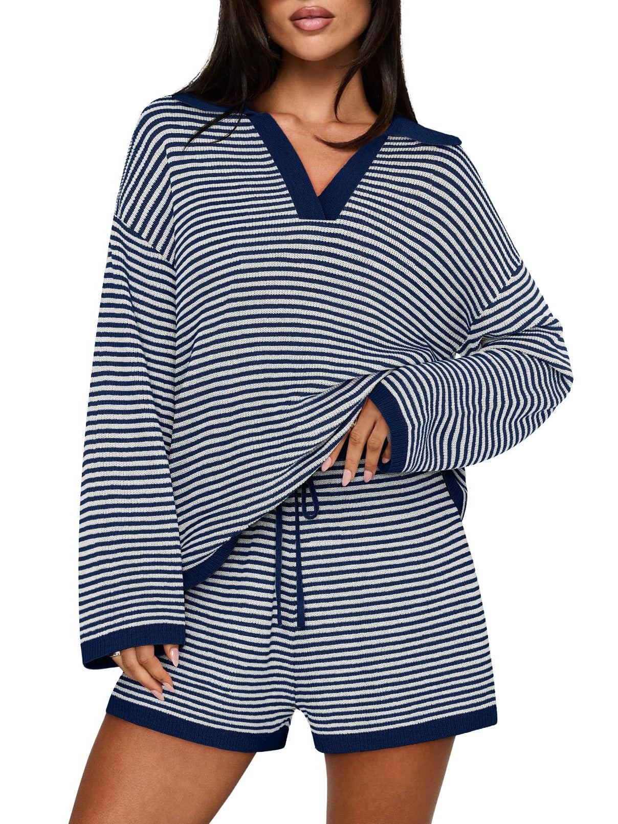 Women's Spring Striped Color-Block Lapel Two-Piece Set