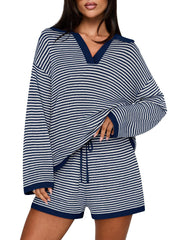 Women's Spring Striped Color-Block Lapel Two-Piece Set