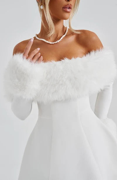 Women's Off Shoulder Fur Trim A Line Mini Dress