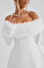 Women's Off Shoulder Fur Trim A Line Mini Dress