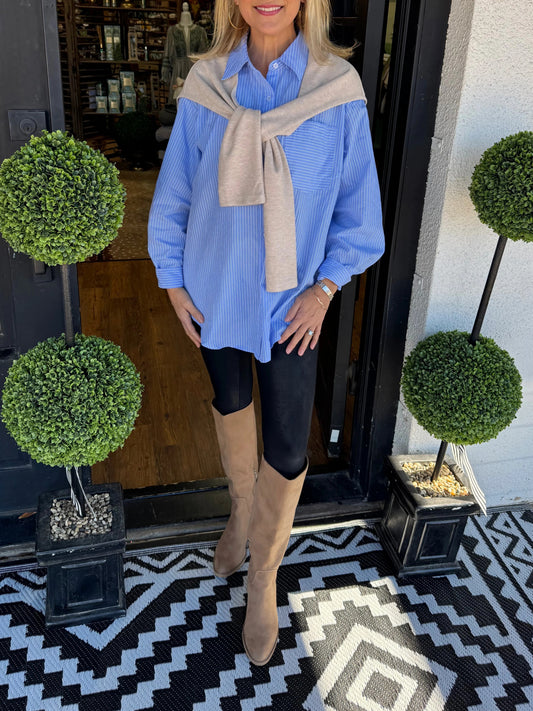 Women's Stripe Long Sleeve Shirt With Shawl Overlay