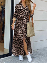 Women's Leopard Print Collared Pocket Shirt Dress