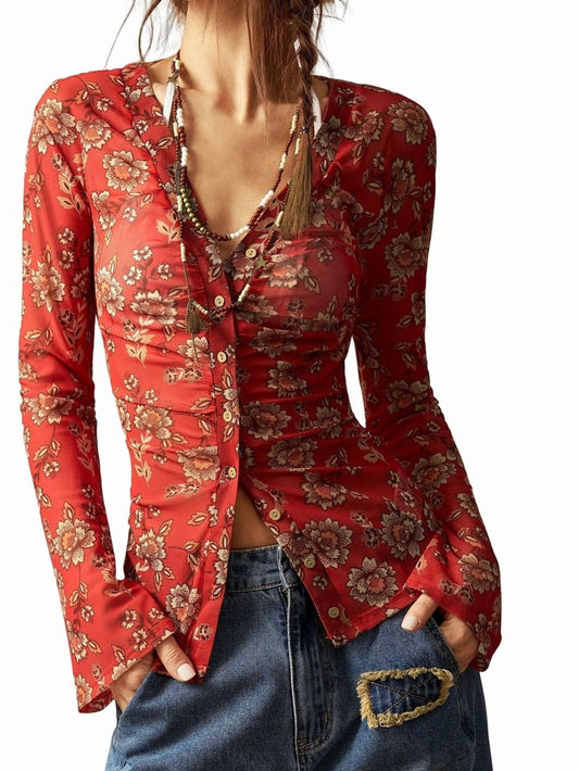 Women's Bohemian Garden Flower Long Sleeve Ruched Button Top