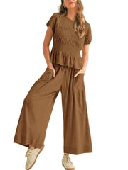 Women's Ruched Ruffle Top & Wide-Leg Pants Two-Piece Set