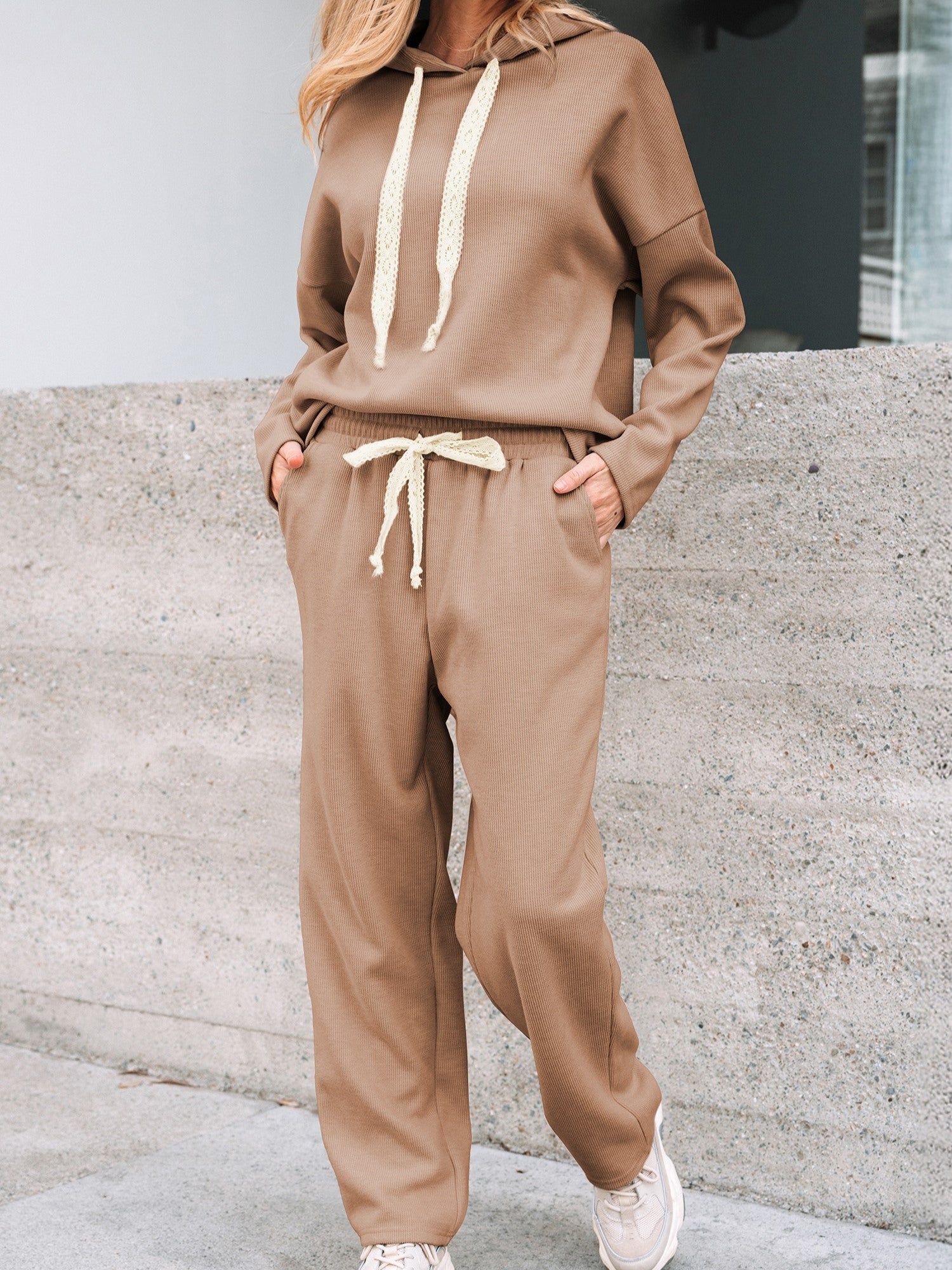 Women's Lace Drawstring Oversized Hoodie Two-Piece Set