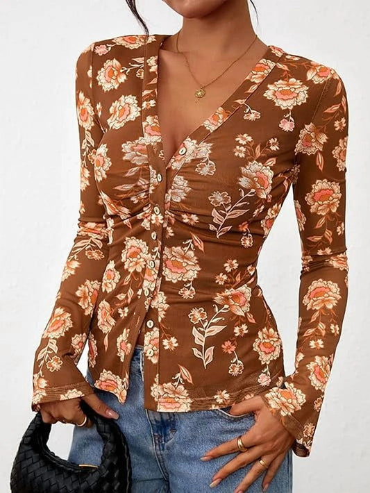 Women's Bohemian Garden Flower Long Sleeve Ruched Button Top