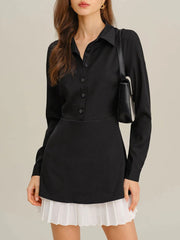 Women's Shirt Collar Faux Two-Piece Pleated Hem Dress