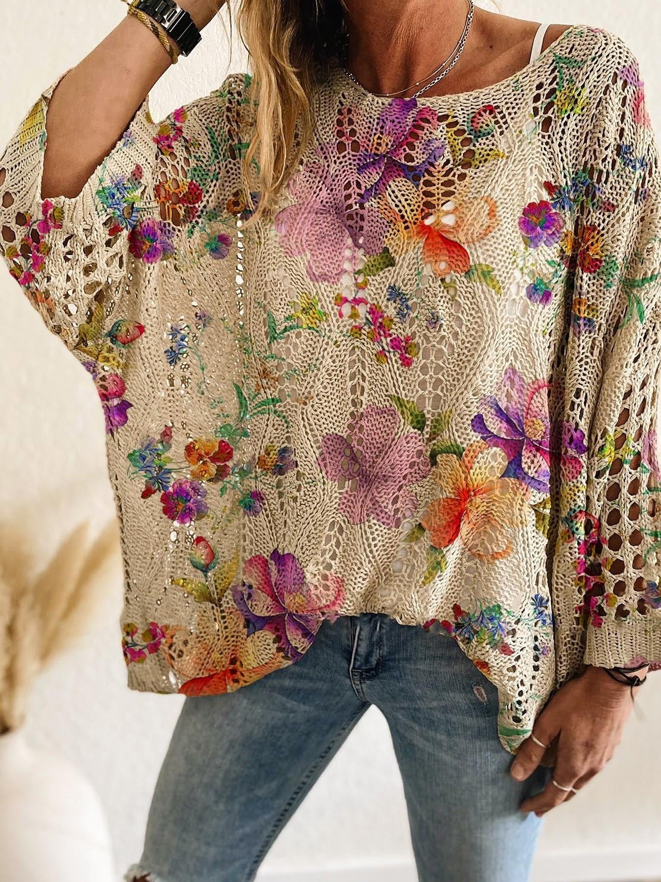 Women's Batwing Sleeve Print Hollow-Out Knit Top