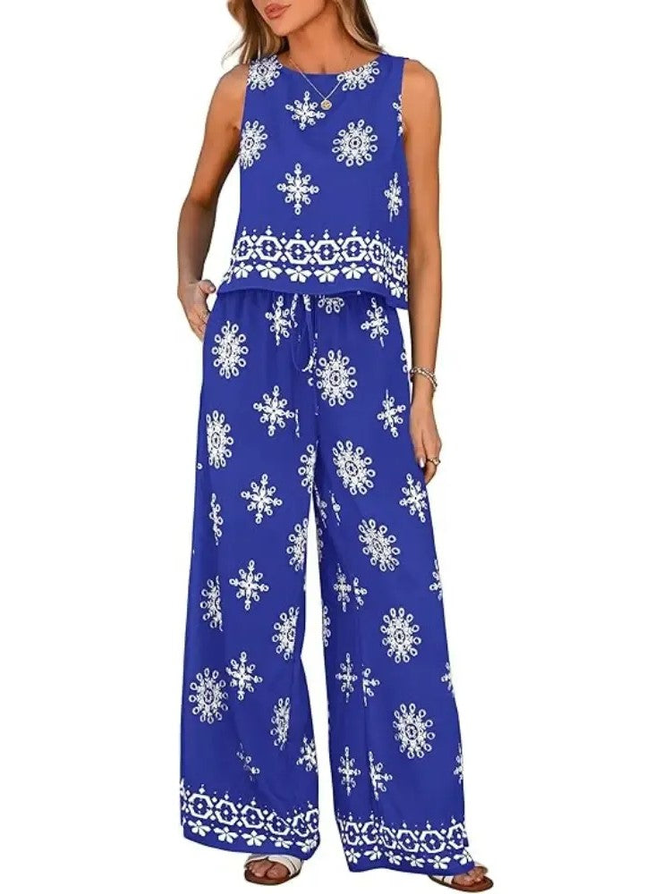 Women's Boho Sleeveless Top and Long Pants Two-Piece Set