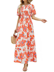 Women's 2026 Summer Casual Floral Print Short Flutter Sleeve Flowy Maxi Dress