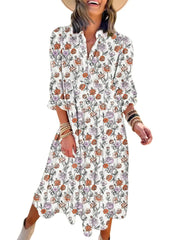 Women's Casual Bohemian Floral V-Neck Long Puff Sleeve Midi Dress