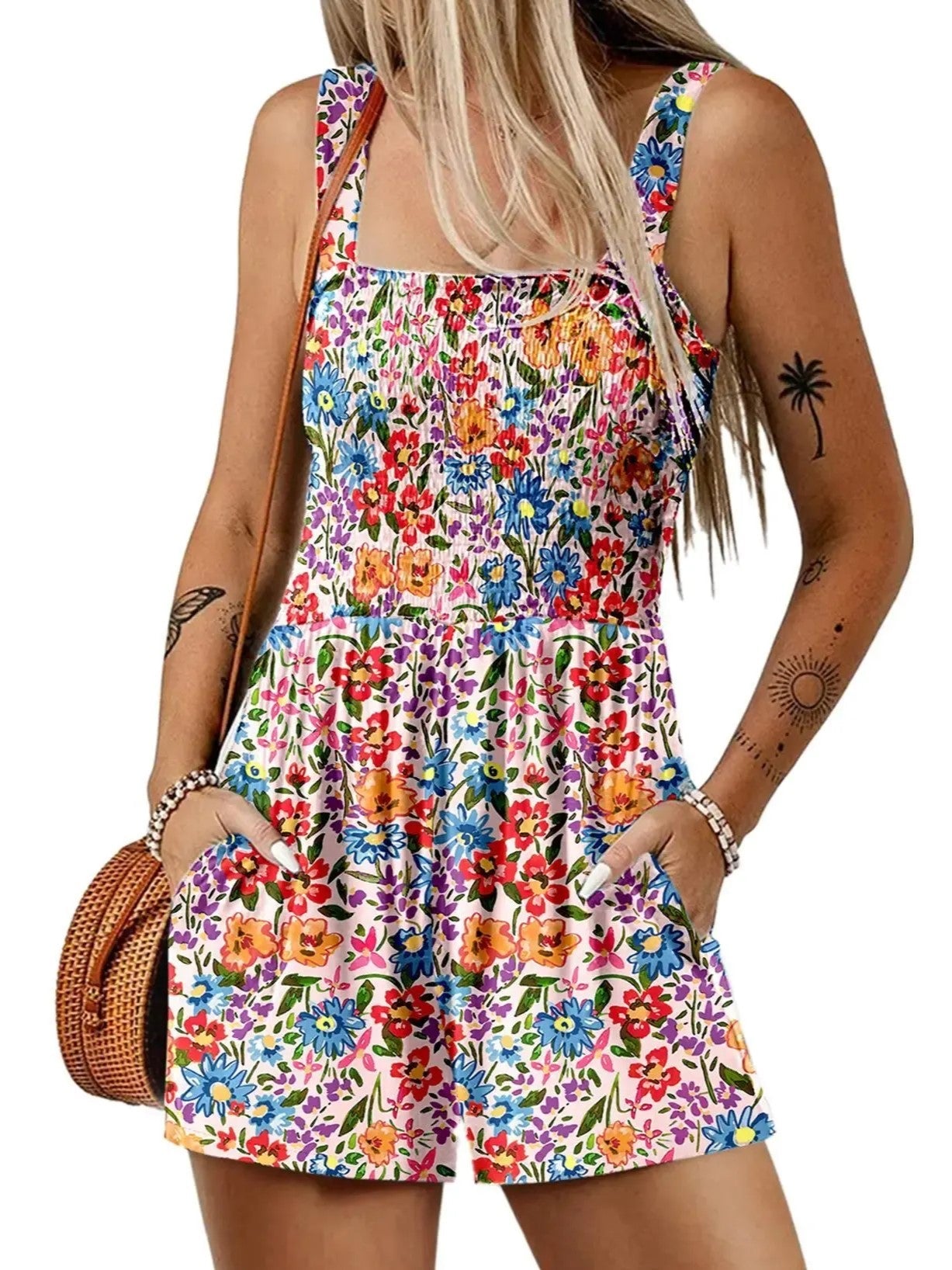 Women's Sleeveless Loose Floral Print Romper with Pockets