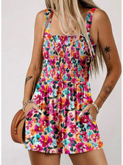 Women's Sleeveless Loose Floral Print Romper with Pockets