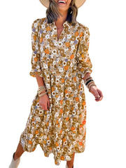 Women's Casual Bohemian Floral V-Neck Long Puff Sleeve Midi Dress