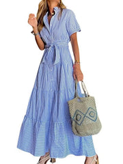 Women's Short Sleeve Striped Tie Waist Maxi Dress