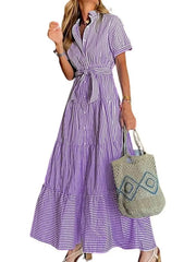 Women's Short Sleeve Striped Tie Waist Maxi Dress
